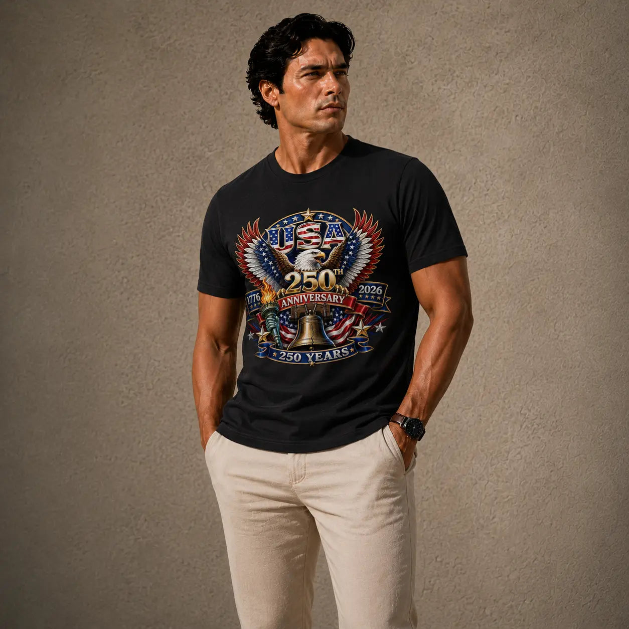 Man wearing a black t-shirt with a 250th anniversary design against a brown background