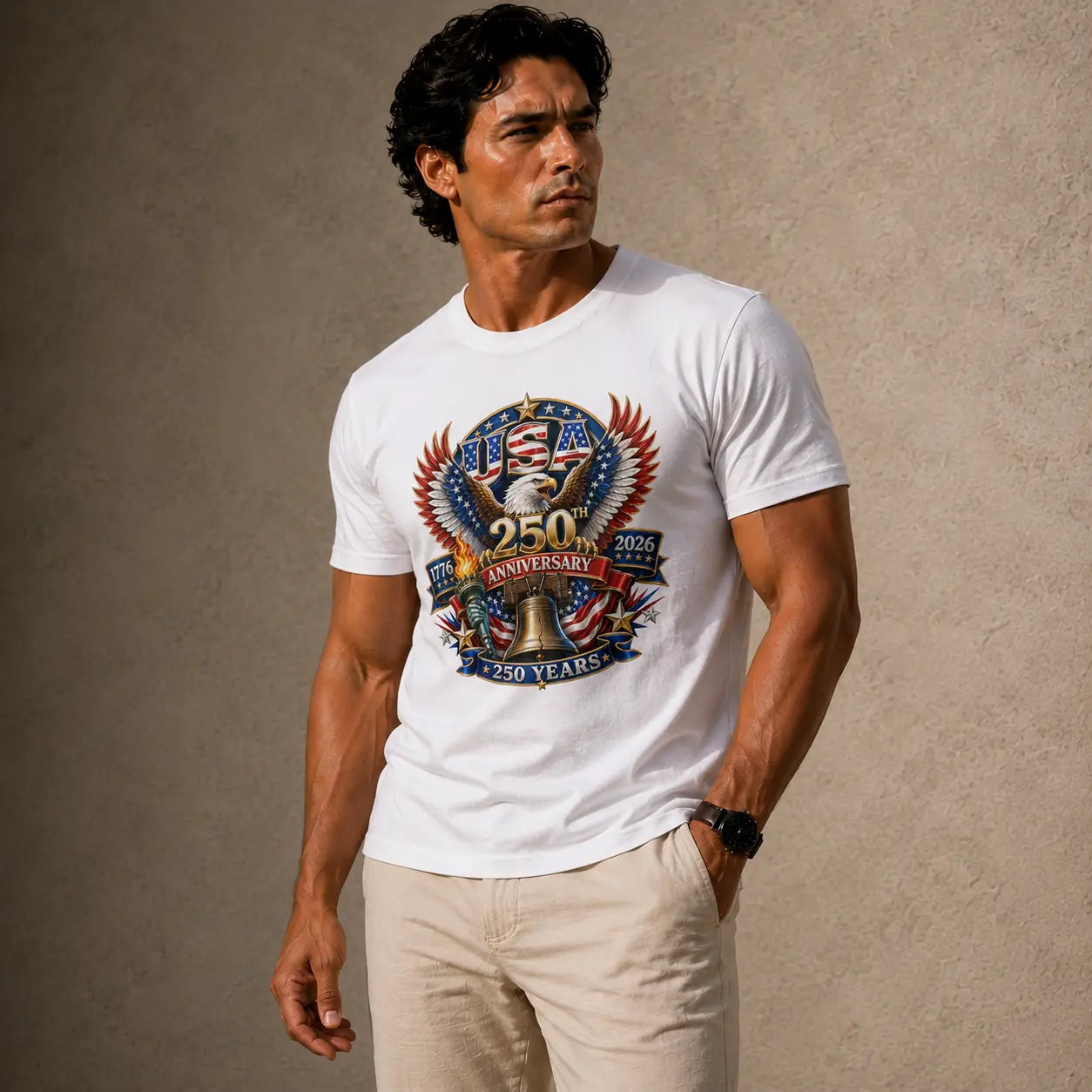 Man wearing a white t-shirt with a colorful graphic design on a beige background