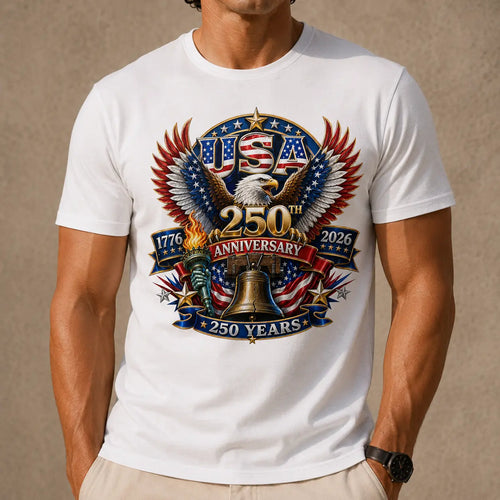 White t-shirt with 250th Anniversary design featuring an eagle and American flag on a beige background