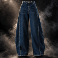 A pair of high-waisted, wide-leg blue denim jeans displayed on an invisible mannequin against a dark background with dramatic smoke effects.