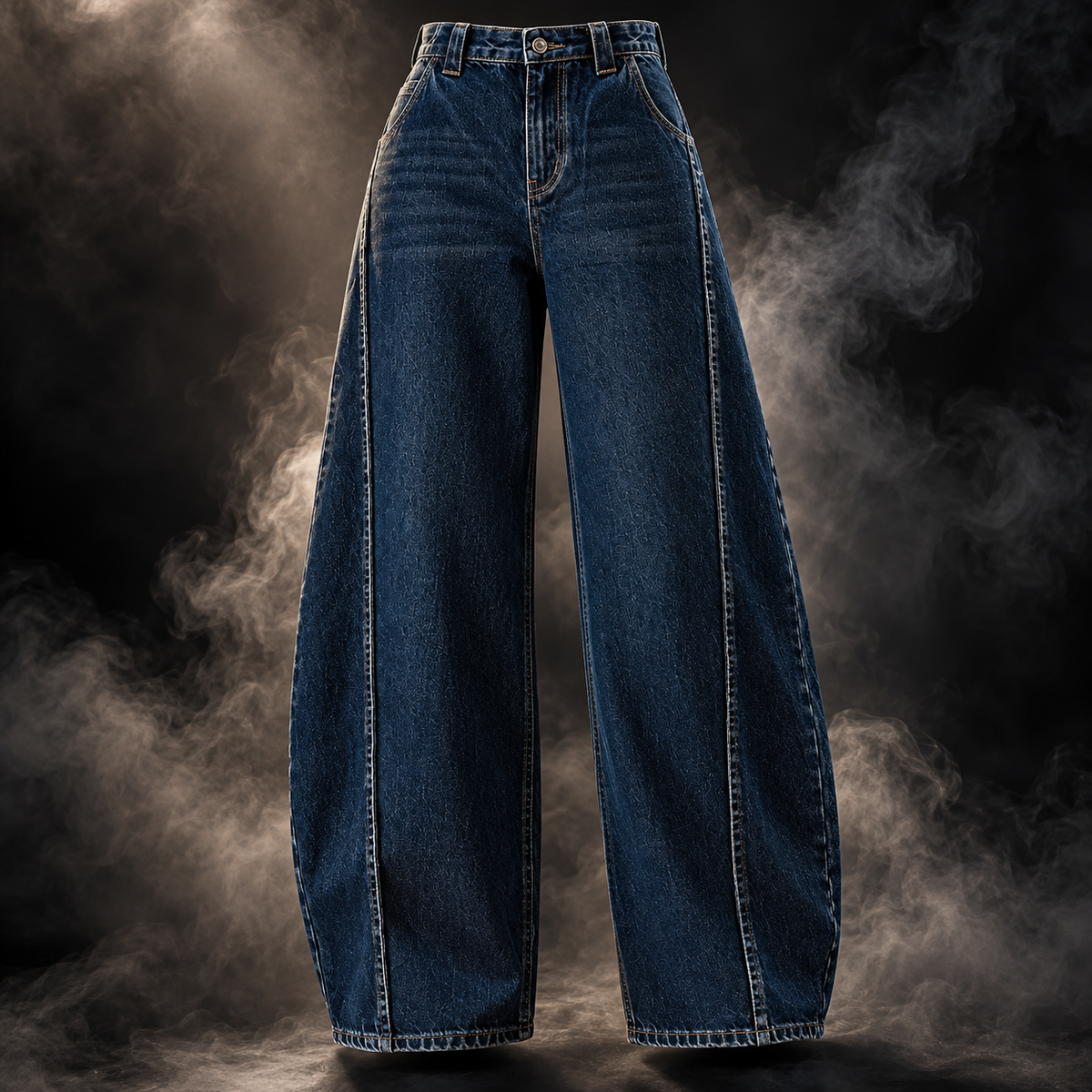 A pair of high-waisted, wide-leg blue denim jeans displayed on an invisible mannequin against a dark background with dramatic smoke effects.