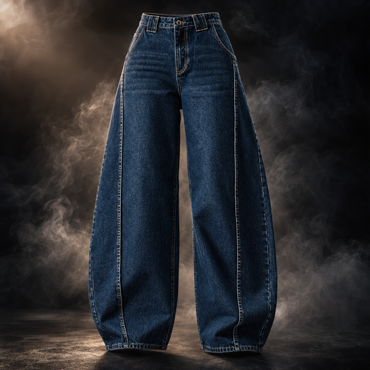 A pair of wide-leg blue denim jeans displayed on an invisible mannequin against a dark, smoky studio background.