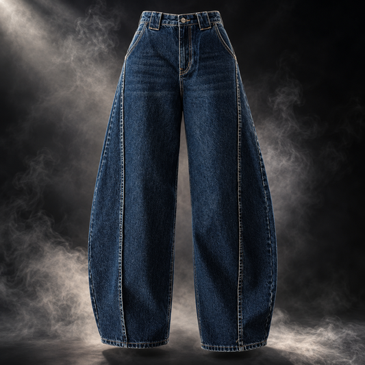 A pair of dark blue wide-leg denim jeans with prominent contrast stitching, displayed against a dramatic dark background with smoke effects.