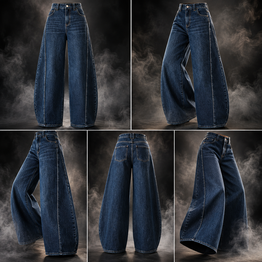 Five studio views of a pair of wide-leg blue denim jeans on a dark smoky background, showing front, back, and angled views.