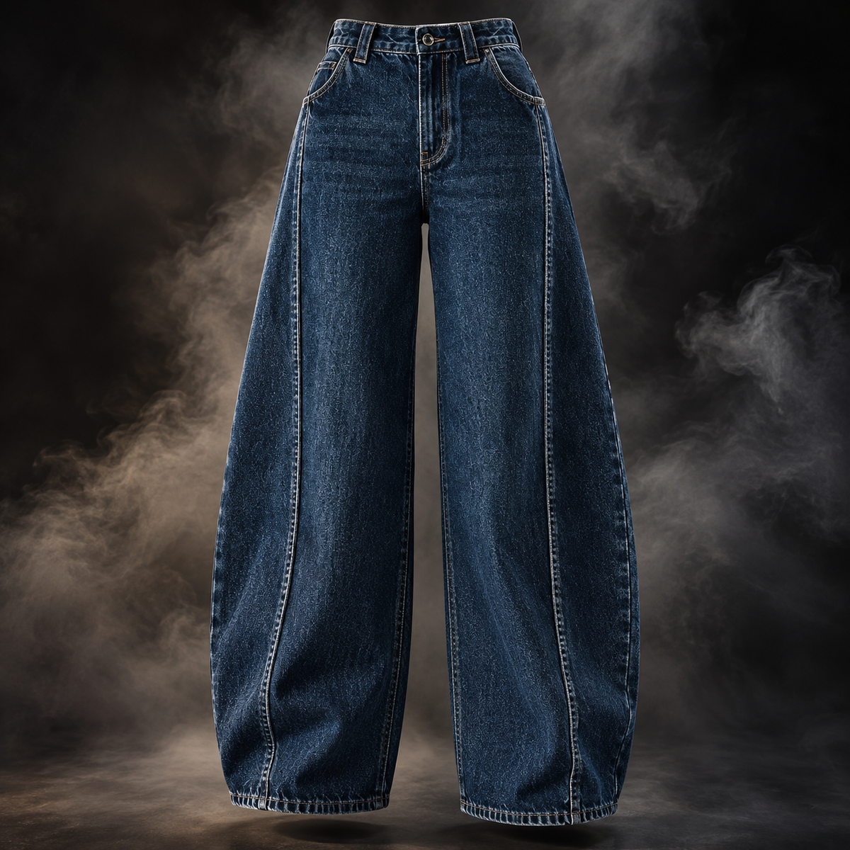 A pair of dark blue wide-leg denim jeans with a high waist, photographed against a smoky dark studio background.