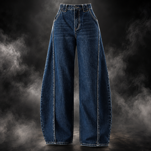 A pair of dark blue wide-leg denim jeans with prominent contrast light stitching down the front of the legs, displayed against a dark studio background with dramatic smoke effects.