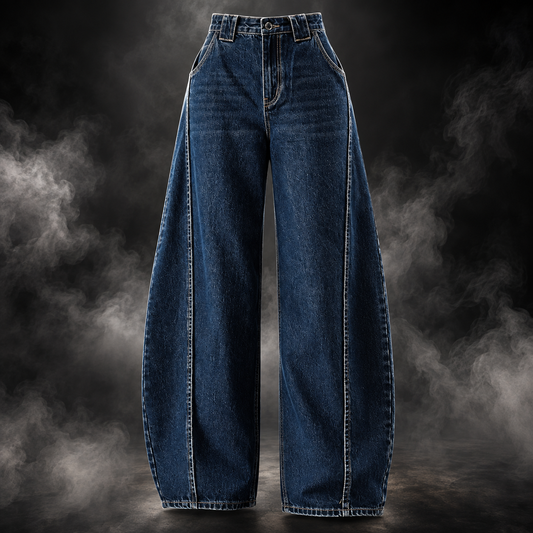 A pair of dark blue wide-leg denim jeans with prominent contrast light stitching down the front of the legs, displayed against a dark studio background with dramatic smoke effects.