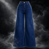 Dark blue wide-leg denim jeans displayed on a ghost mannequin against a smoky black background.
