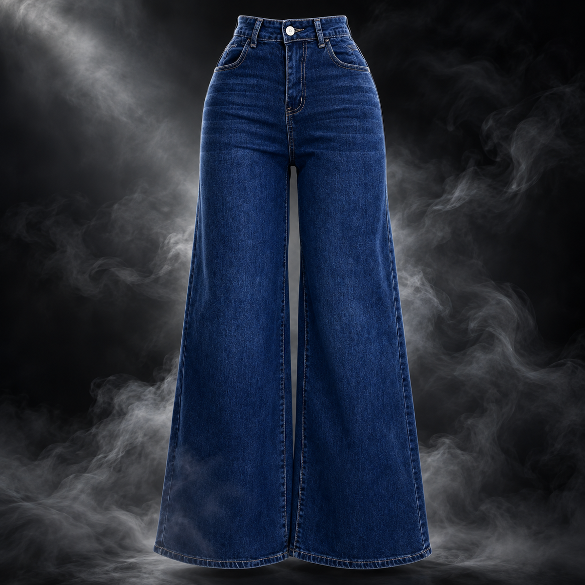 Dark blue wide-leg denim jeans displayed on a ghost mannequin against a smoky black background.