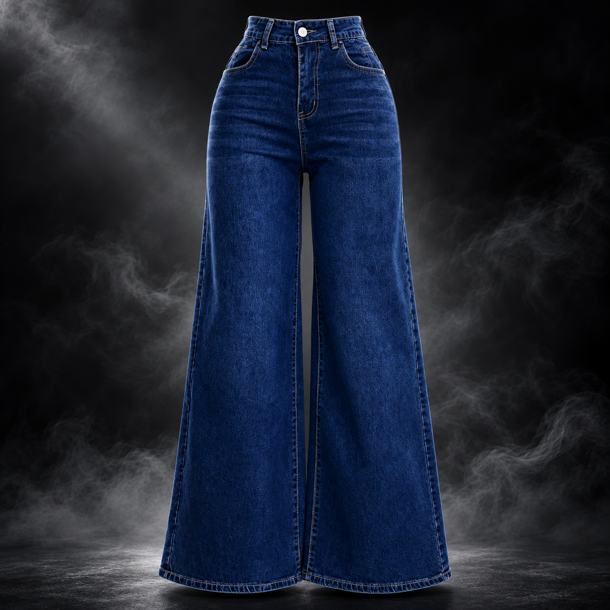 High-waisted, wide-leg blue denim jeans displayed on a dark, smoky studio background.