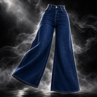 A pair of high-waisted, wide-leg blue denim jeans floating against a dark background with dramatic smoke effects.
