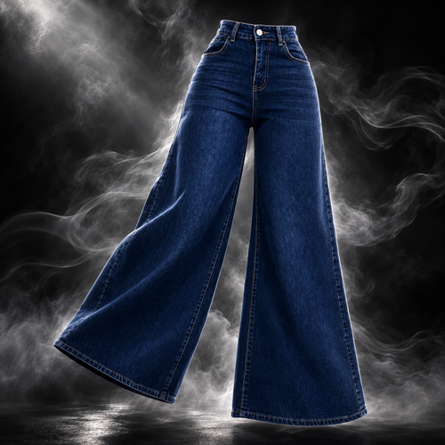 A pair of high-waisted, wide-leg blue denim jeans floating against a dark background with dramatic smoke effects.