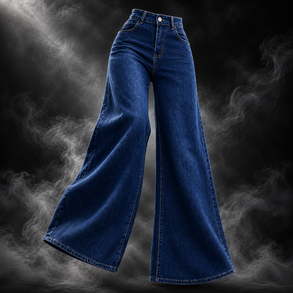 A pair of high-waisted, wide-leg blue denim jeans floating against a dark, smoky black background.
