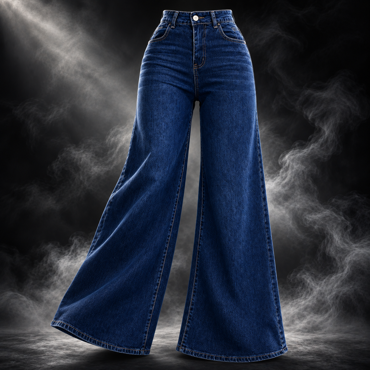 Dark blue wide-leg denim jeans shown on a ghost mannequin against a dramatic smoky black background.