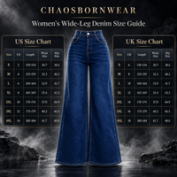 A size guide graphic for Chaosborn Wear women's wide-leg denim jeans, showing a central blue denim pair with US and UK size charts on either side against a dark smoky background.
