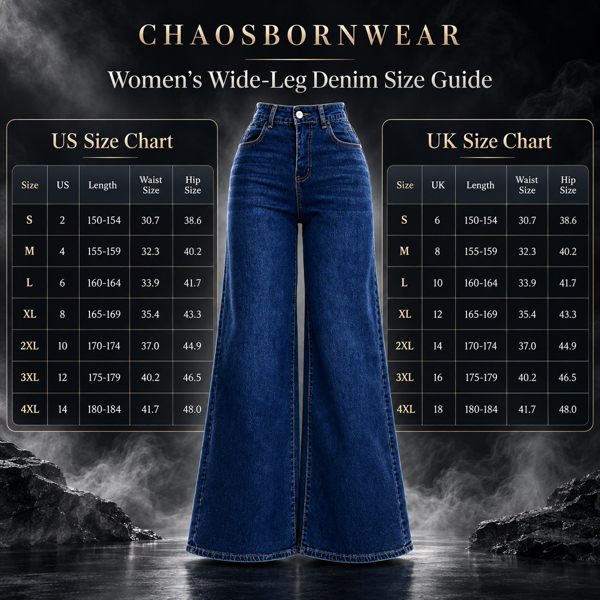 A size guide graphic for Chaosborn Wear women's wide-leg denim jeans, showing a central blue denim pair with US and UK size charts on either side against a dark smoky background.