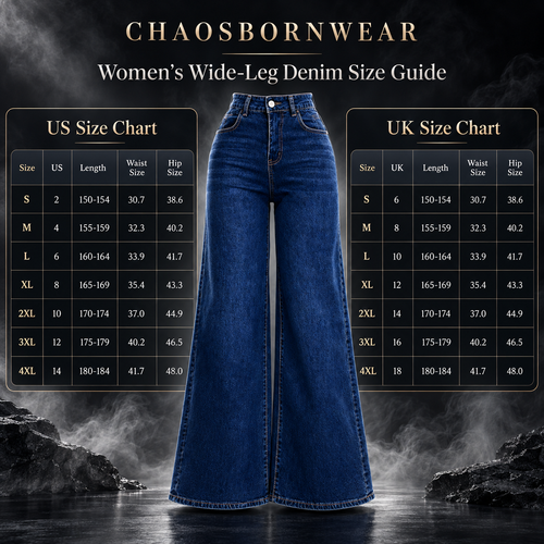 A size guide graphic for Chaosborn Wear women's wide-leg denim jeans, showing a central blue denim pair with US and UK size charts on either side against a dark smoky background.