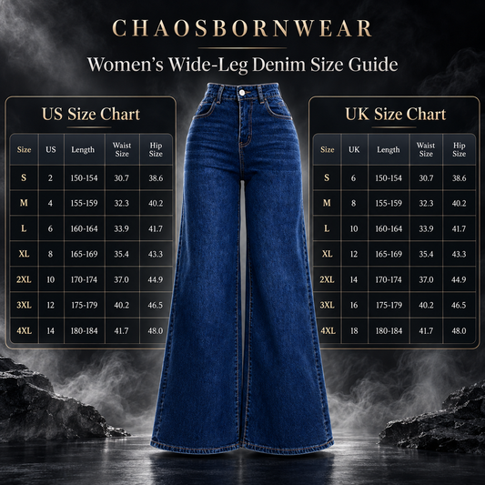 A size guide graphic for Chaosborn Wear women's wide-leg denim jeans, showing a central blue denim pair with US and UK size charts on either side against a dark smoky background.