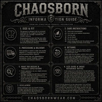 Information guide for Chaosborn streetwear product on a black background