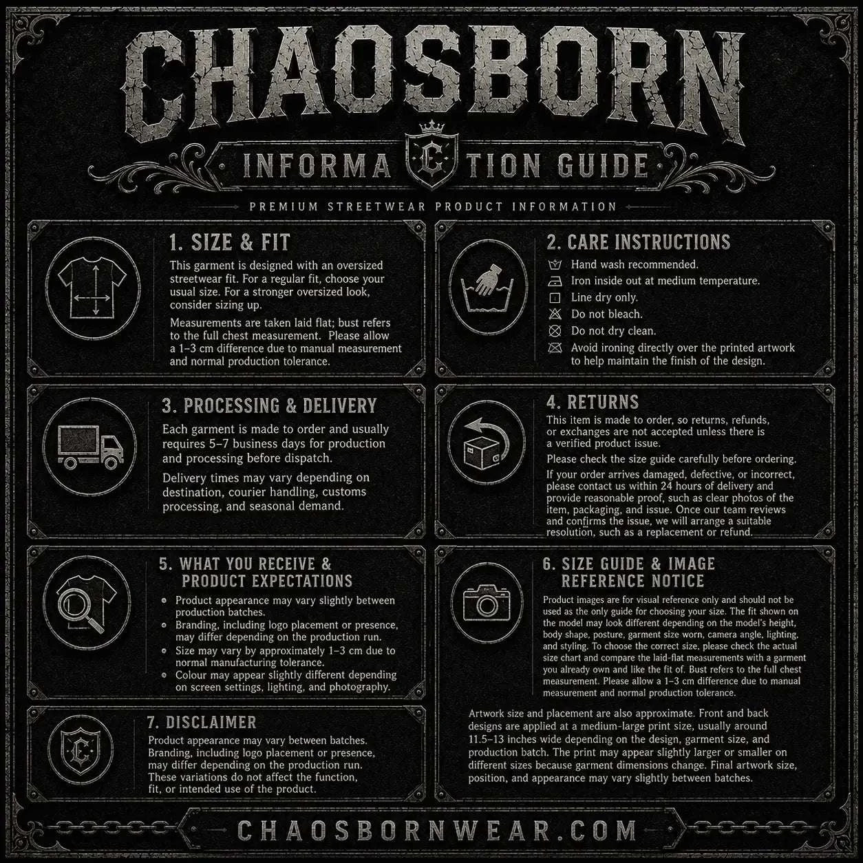 Information guide for Chaosborn streetwear product on a black background