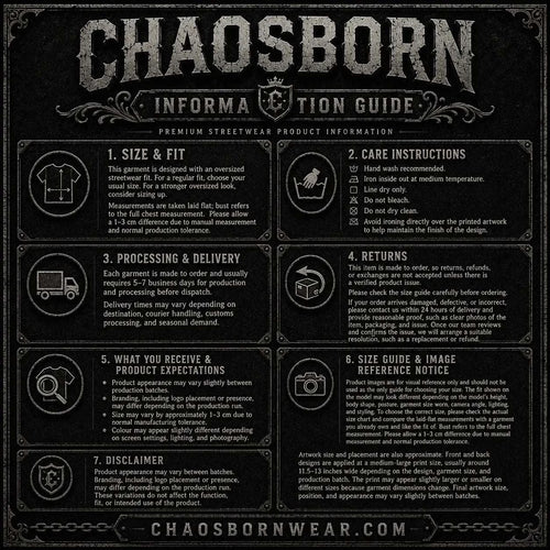 Information guide for Chaosborn streetwear product on a black background