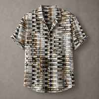 A short-sleeve button-up shirt with a textured, abstract horizontal stripe pattern in black, white, and brown, displayed flat against a textured gray background.