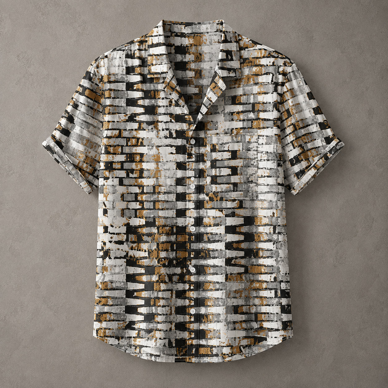 A short-sleeve button-up shirt with a textured, abstract horizontal stripe pattern in black, white, and brown, displayed flat against a textured gray background.