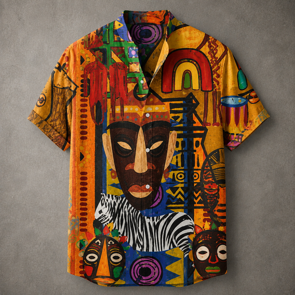 A short-sleeve button-up camp shirt featuring a vibrant, multi-colored African tribal art print with masks, a zebra, and geometric patterns, displayed flat against a textured gray background.