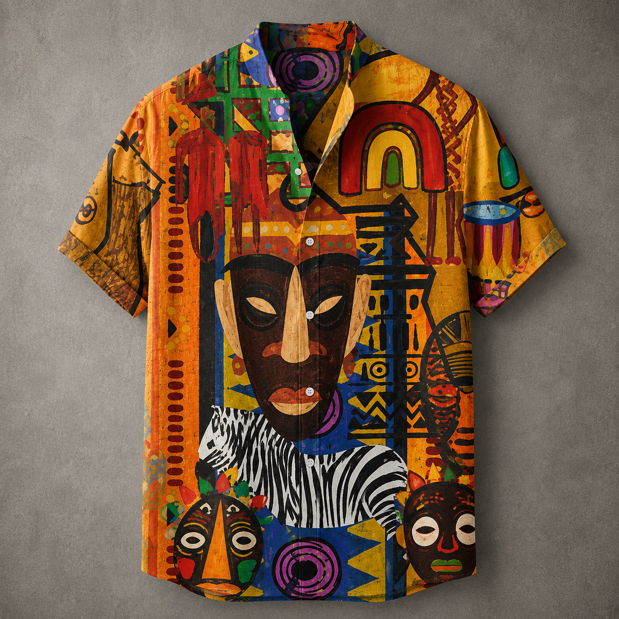 A short-sleeve button-up camp shirt featuring a vibrant, multi-colored African tribal art print with masks, a zebra, and geometric patterns, displayed flat against a textured gray background.
