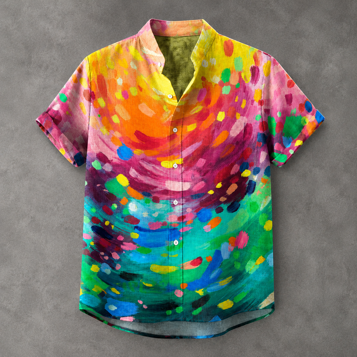 A short-sleeve button-up shirt with a vibrant, multicolored abstract watercolor print, laid flat on a textured gray background.