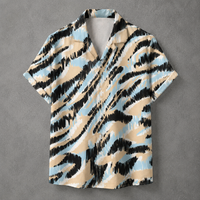 A short-sleeve button-up camp collar shirt featuring a bold abstract wavy pattern in black, light blue, and beige, displayed flat against a textured gray background.
