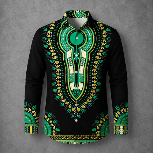 A long-sleeve button-up shirt with a black base and an intricate green, yellow, and white dashiki-style print, displayed on a gray textured background.
