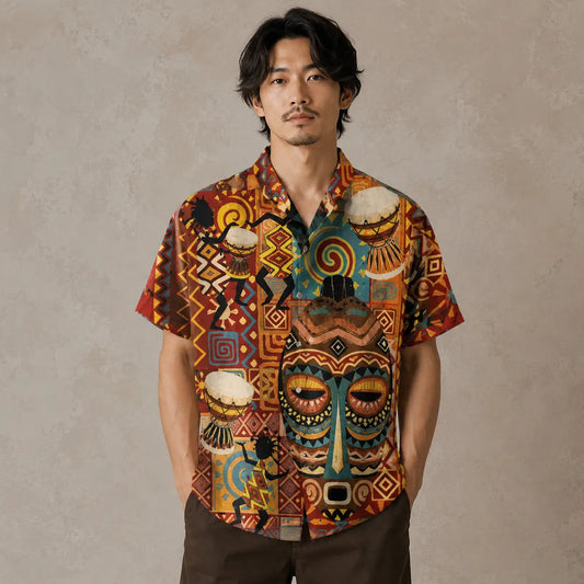 African Print Shirt Mens Vintage Mask Resort Shirt Chaosbornwear