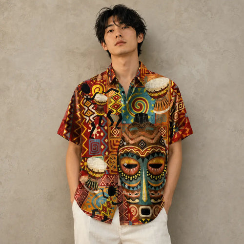 African Print Shirt Mens Vintage Mask Resort Shirt Chaosbornwear
