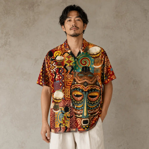 African Print Shirt Mens Vintage Mask Resort Shirt Chaosbornwear