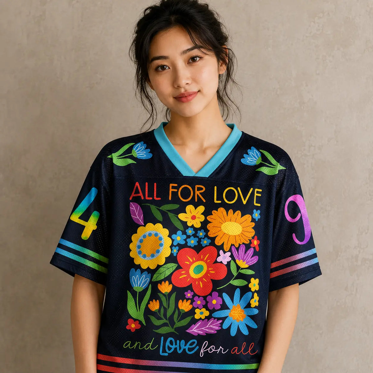 All For Love Floral Jersey Shirt Rainbow Flower Slogan Chaosbornwear