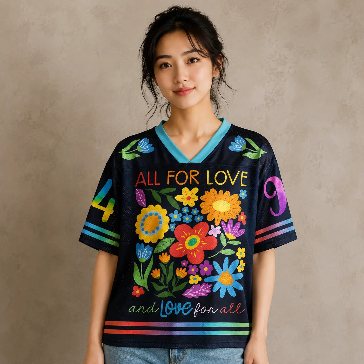 All For Love Floral Jersey Shirt Rainbow Flower Slogan Chaosbornwear