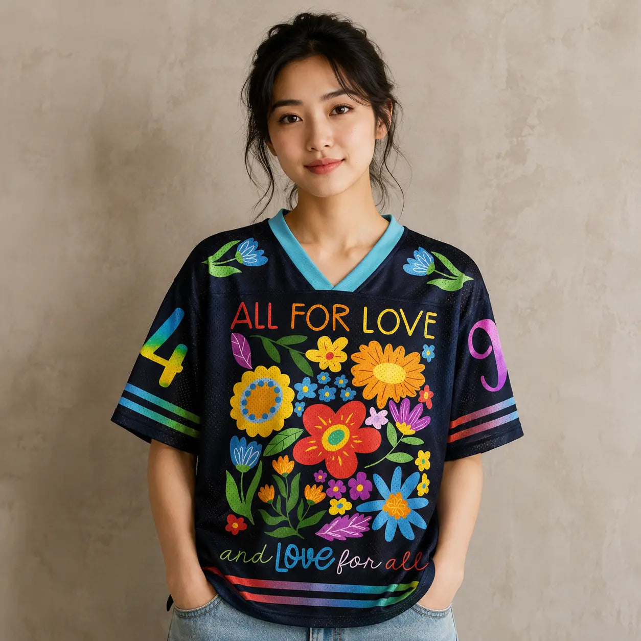 All For Love Floral Jersey Shirt Rainbow Flower Slogan Chaosbornwear