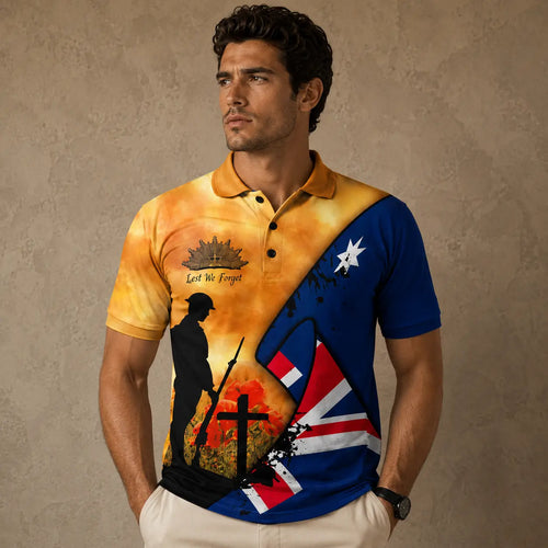 Man wearing a polo shirt with a design featuring a silhouette of a soldier, a cross, and the Union Jack flag on a beige background.