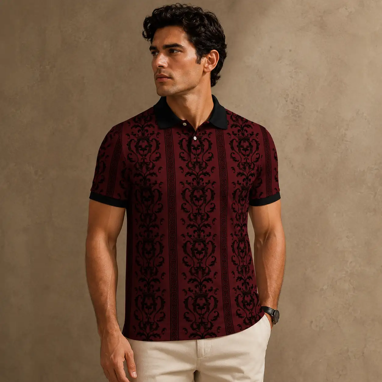 Man wearing a patterned polo shirt against a brown background