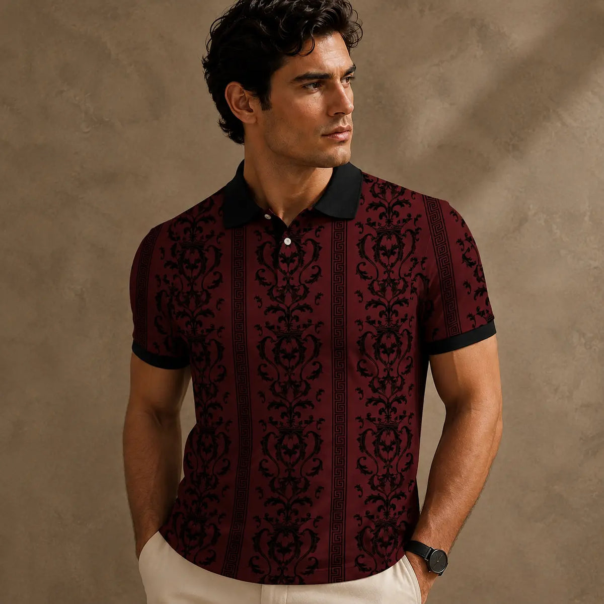 Man wearing a patterned shirt against a brown background