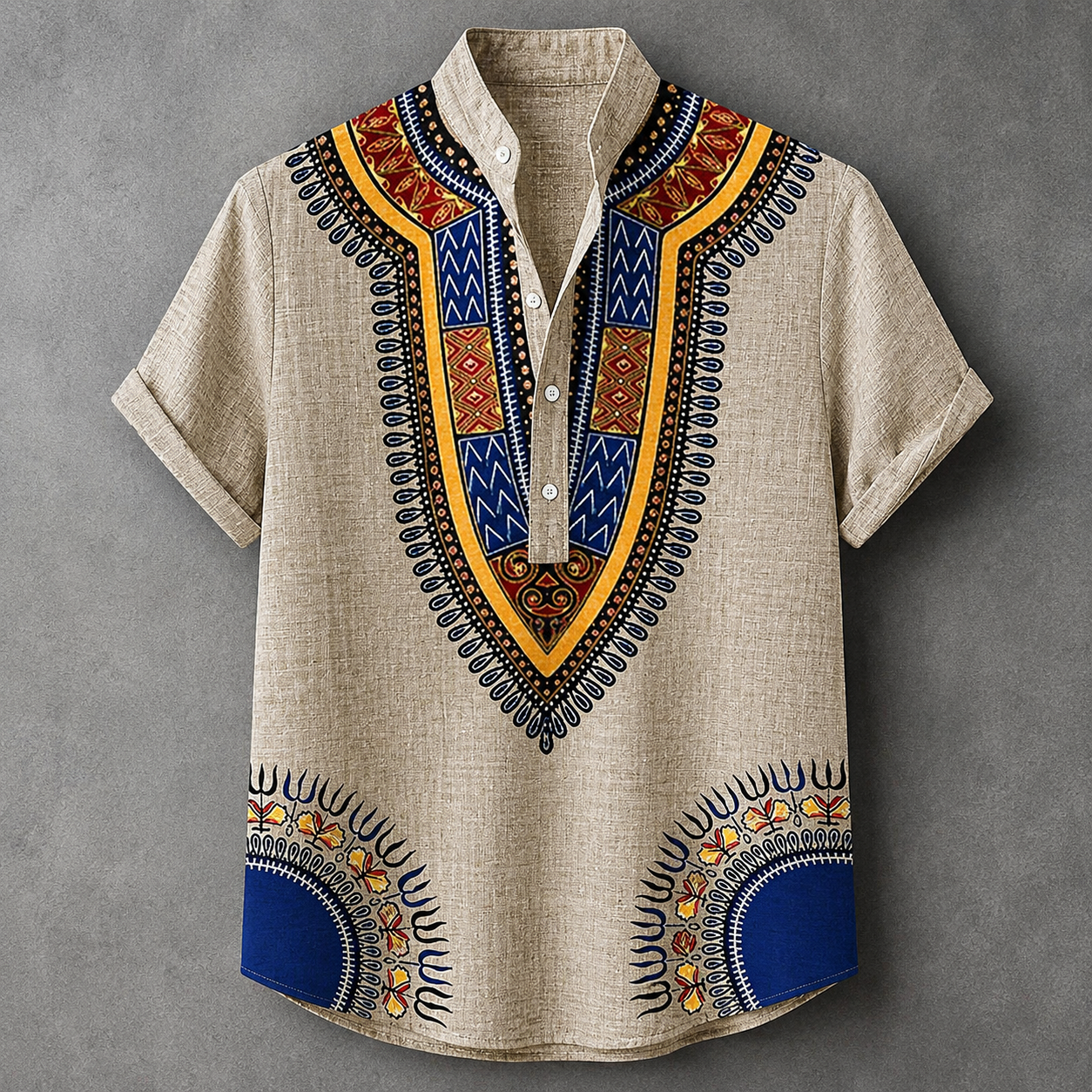 A men's short-sleeve button-up shirt in beige linen with a vibrant African dashiki print in blue, yellow, and red, displayed flat against a gray background.