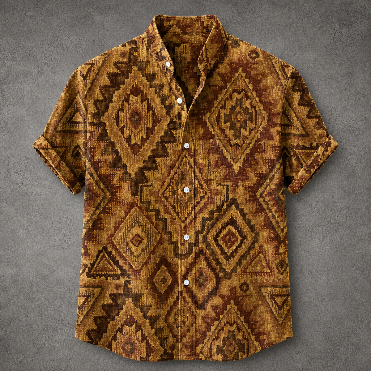 A short-sleeve button-up shirt with a brown and gold geometric tribal pattern, displayed flat against a textured gray background.