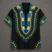 A short-sleeve button-up shirt with a black base and vibrant African dashiki print in blue, yellow, and green, displayed flat against a textured gray background.