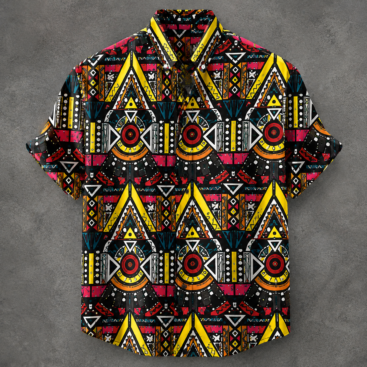 A short-sleeve button-up camp shirt with a bold, colorful geometric tribal pattern featuring yellow, red, black, and white, displayed against a textured gray background.