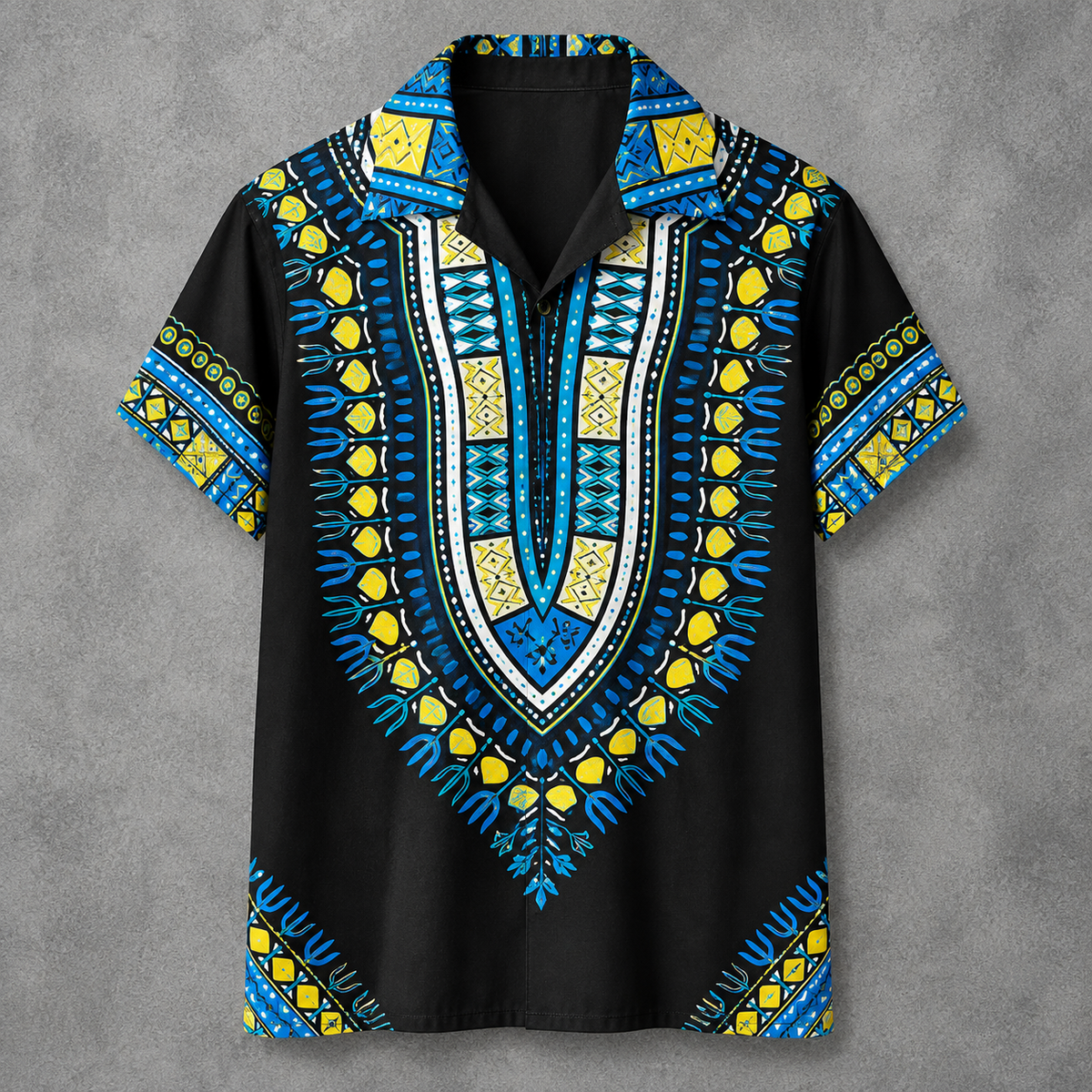 Black Blue Geometric Shirt, Colourful Heritage Button Up, Mens Summer Pattern Shirt, Retro Festival Holiday Shirt, Gift for Him, Vintage Chaosbornwear
