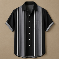 A short-sleeve button-up shirt with a black base and vertical gray and white stripes, displayed flat against a textured tan background.