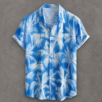 A short-sleeve button-up camp shirt with a blue and white palm tree print, displayed flat against a textured gray background.