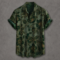 A short-sleeve button-up shirt with a dark green and brown tropical floral pattern, displayed against a textured gray background.