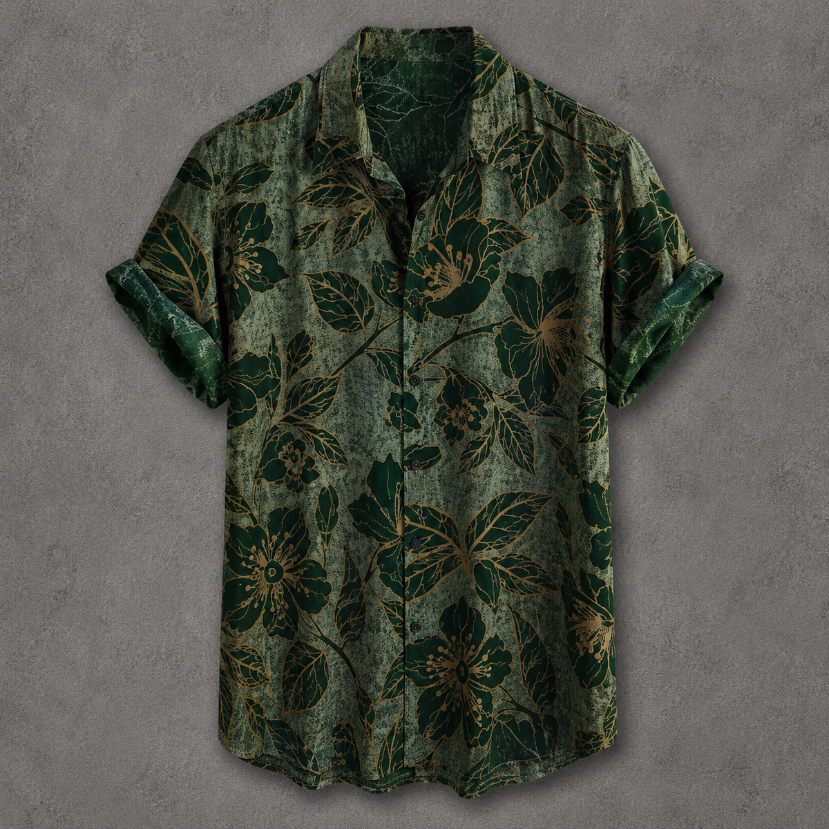 A short-sleeve button-up shirt with a dark green and brown tropical floral pattern, displayed against a textured gray background.
